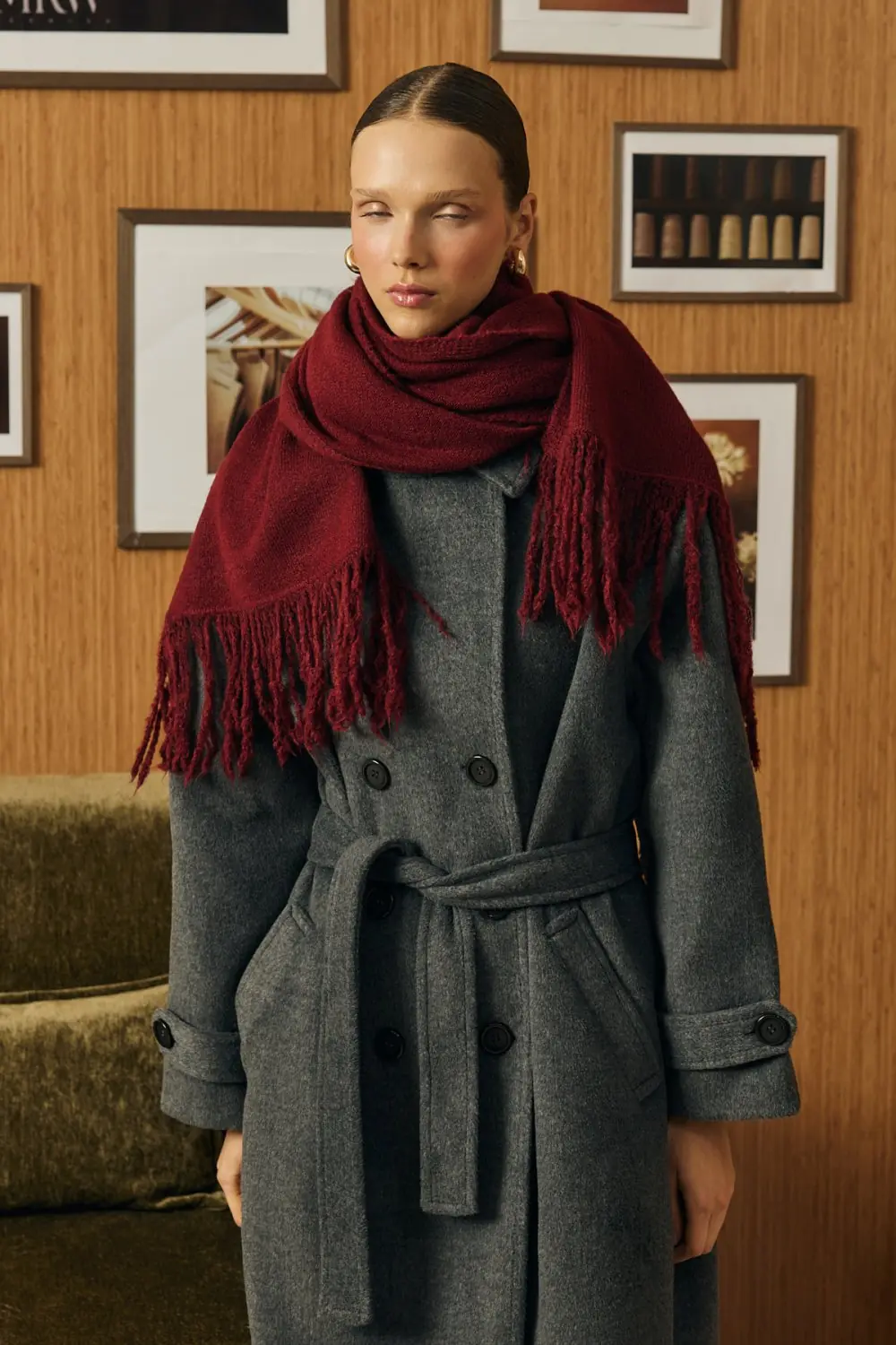 Yün Püsküllü Şal-Bordo-MRW-2038