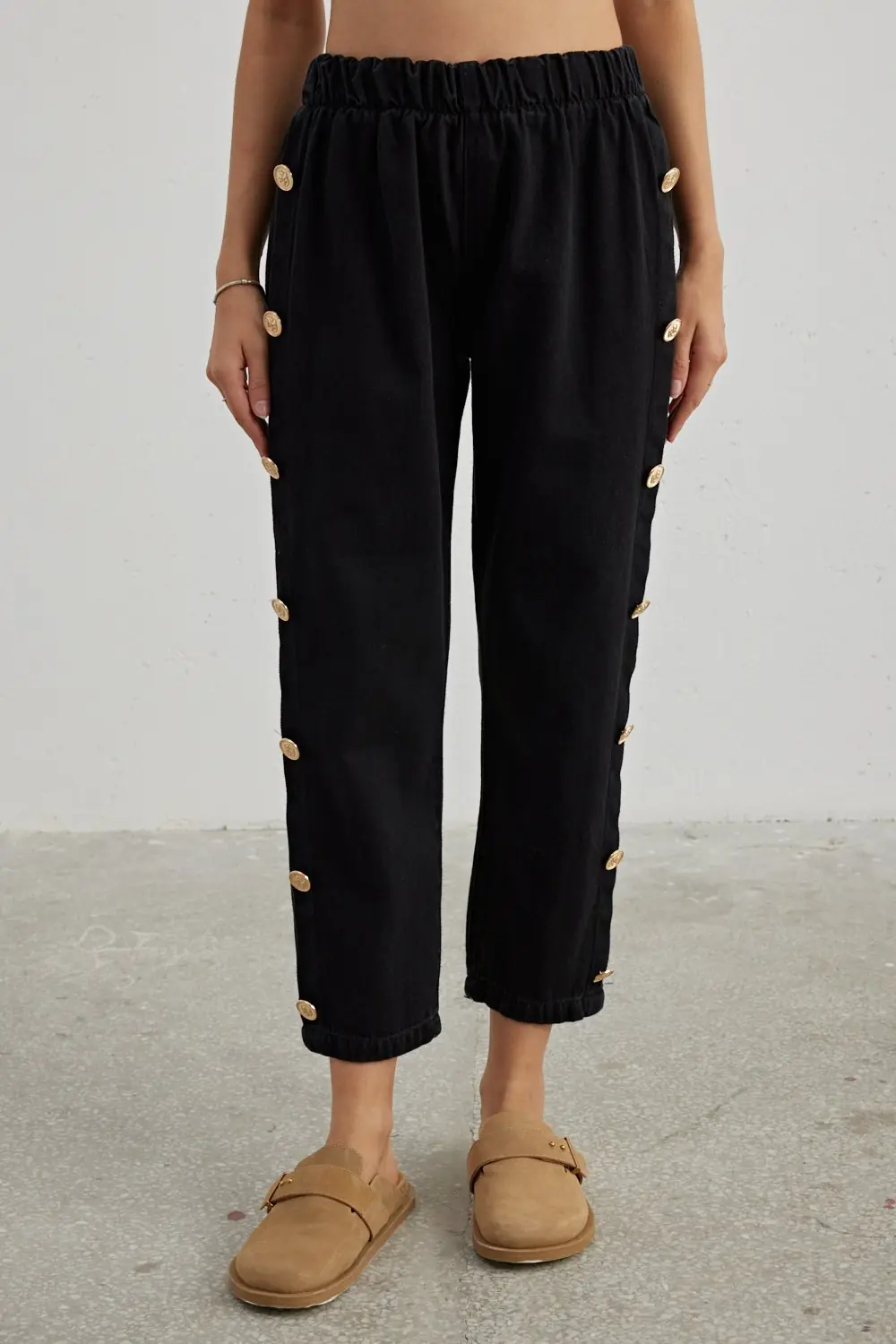 Düğme Detaylı Denim-Siyah