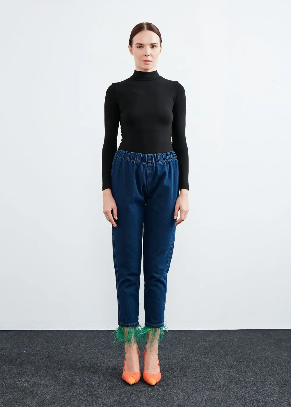 Paça Tüylü Denim-Lacivert Yeşil