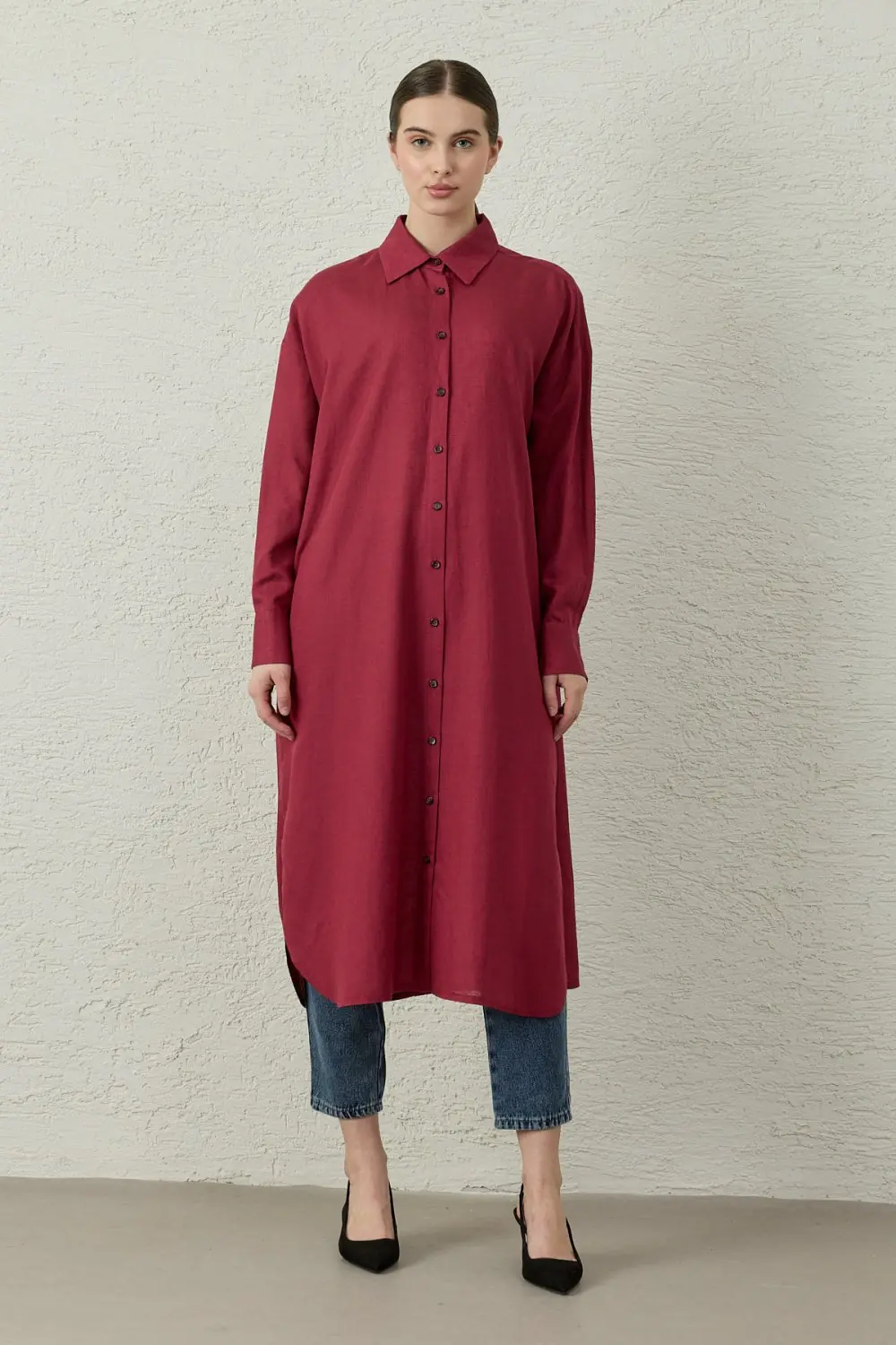 Uzun Keten Gömlek-Bordo -MRW-1811