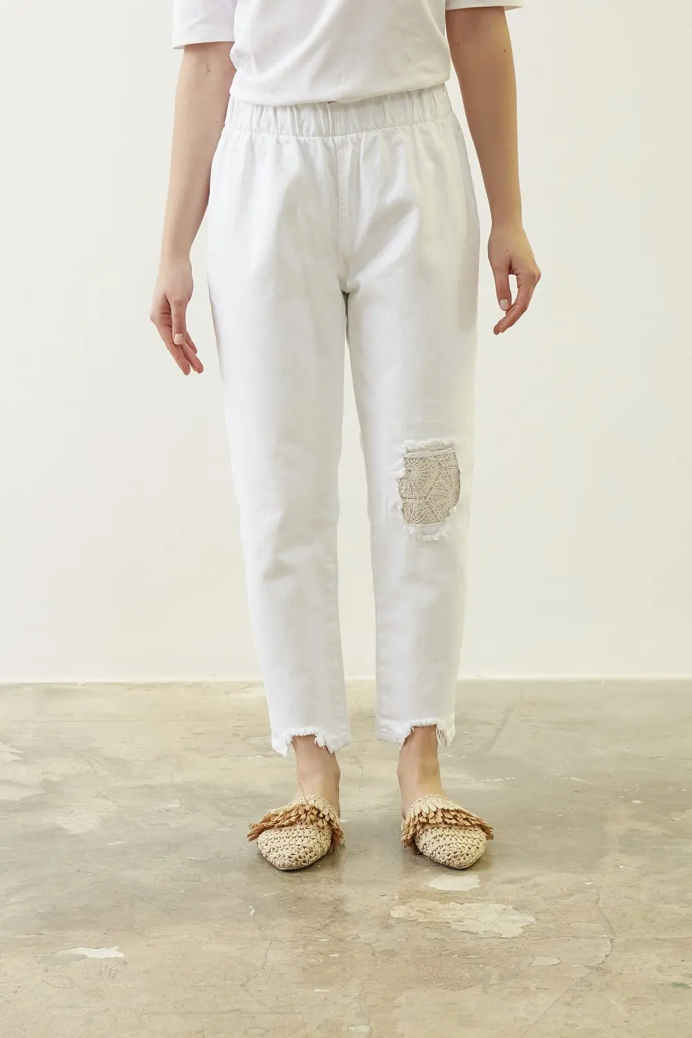 Dantel Denim Pantolon-Beyaz
