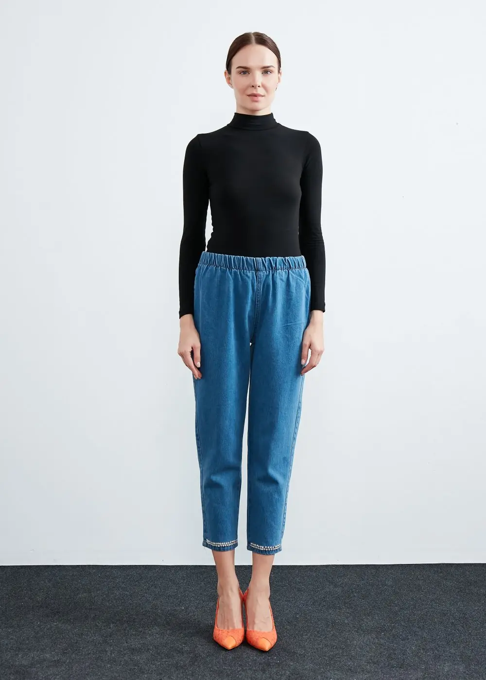Paça Taşlı Denim-Mavi