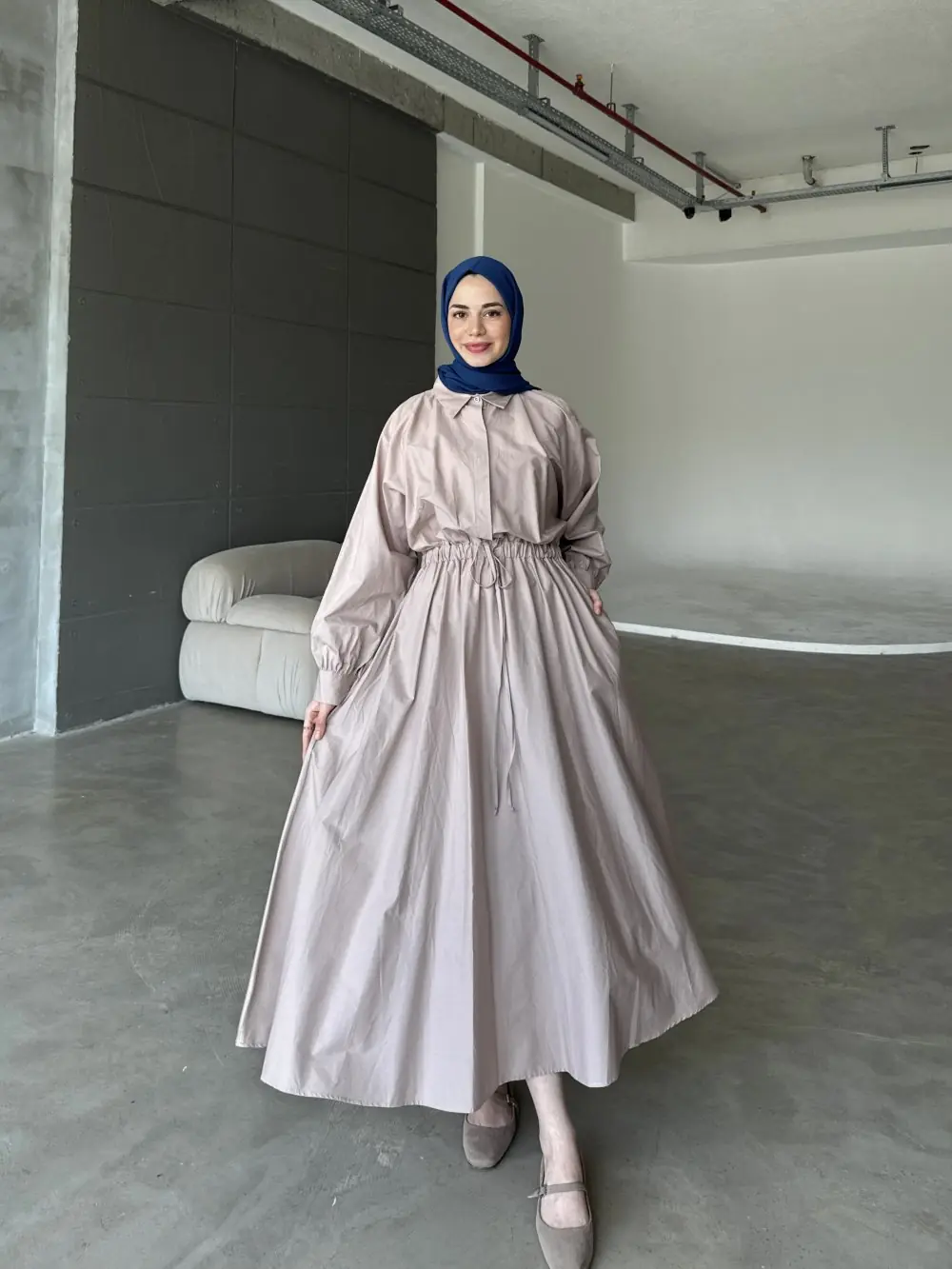 Basic Poplin Elbise-Bej-MRW-1638