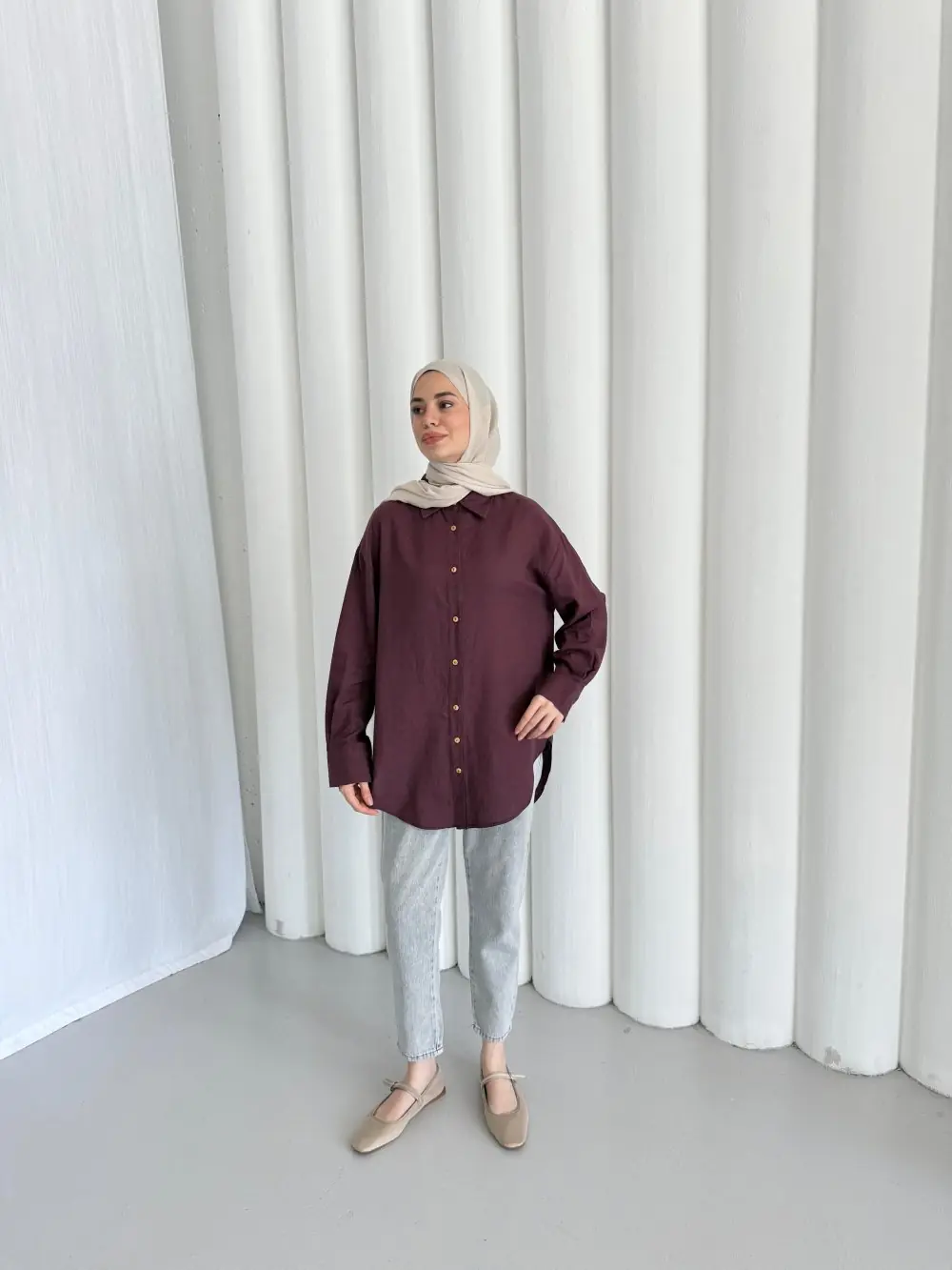 Düğme Keten Gömlek-Bordo