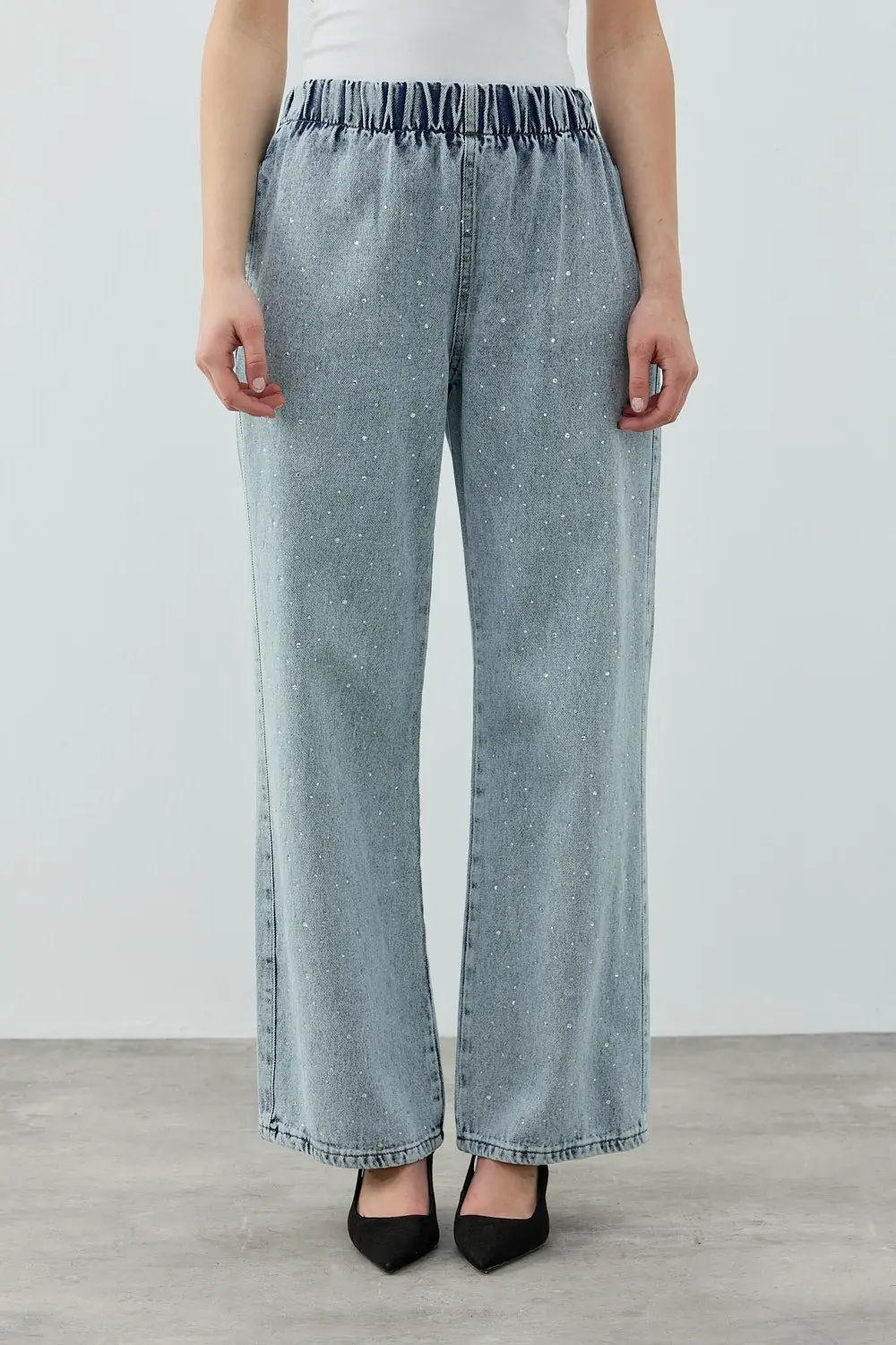Palazzo Taşlı Denim Pantolon-Ky Mavi -MRW-1693