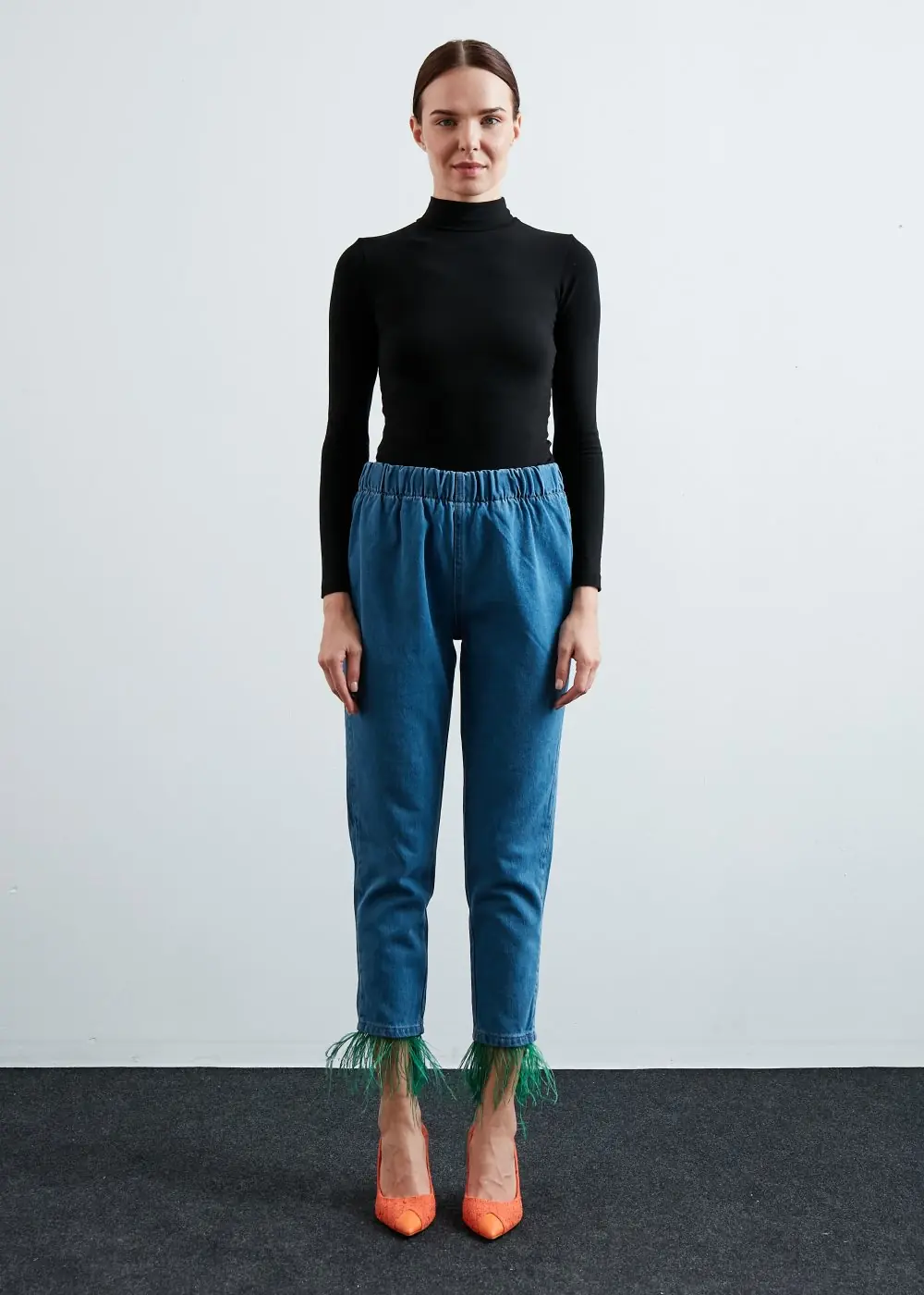 Paça Tüylü Denim-Mavi Yeşil