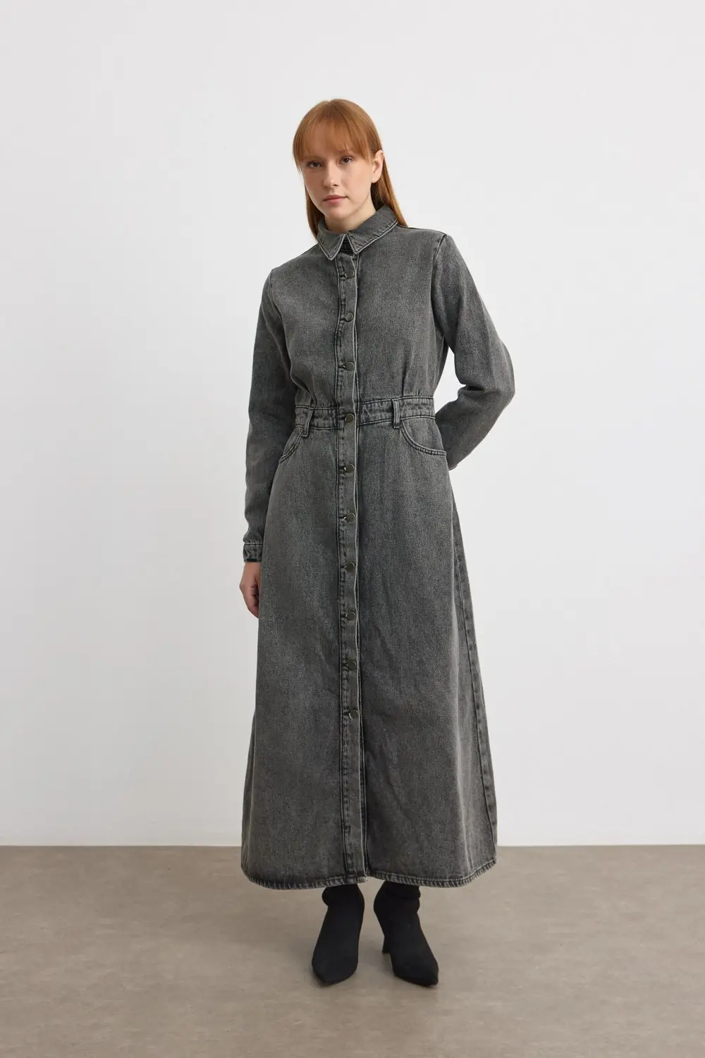 Denim Kot Elbise-Antrasit