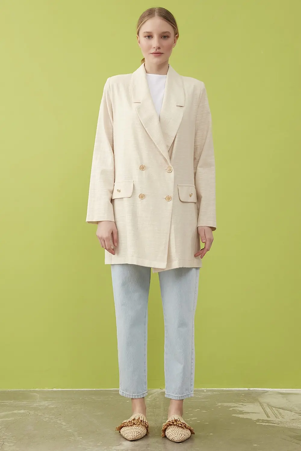 Keten Blazer Ceket-Bej