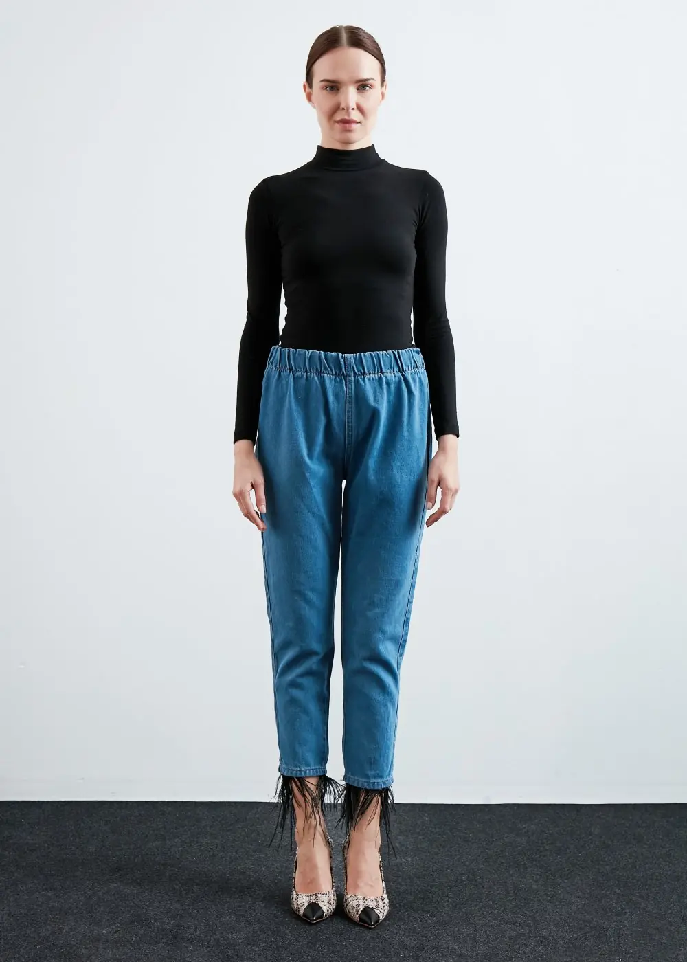 Paça Tüylü Denim-Mavi Siyah