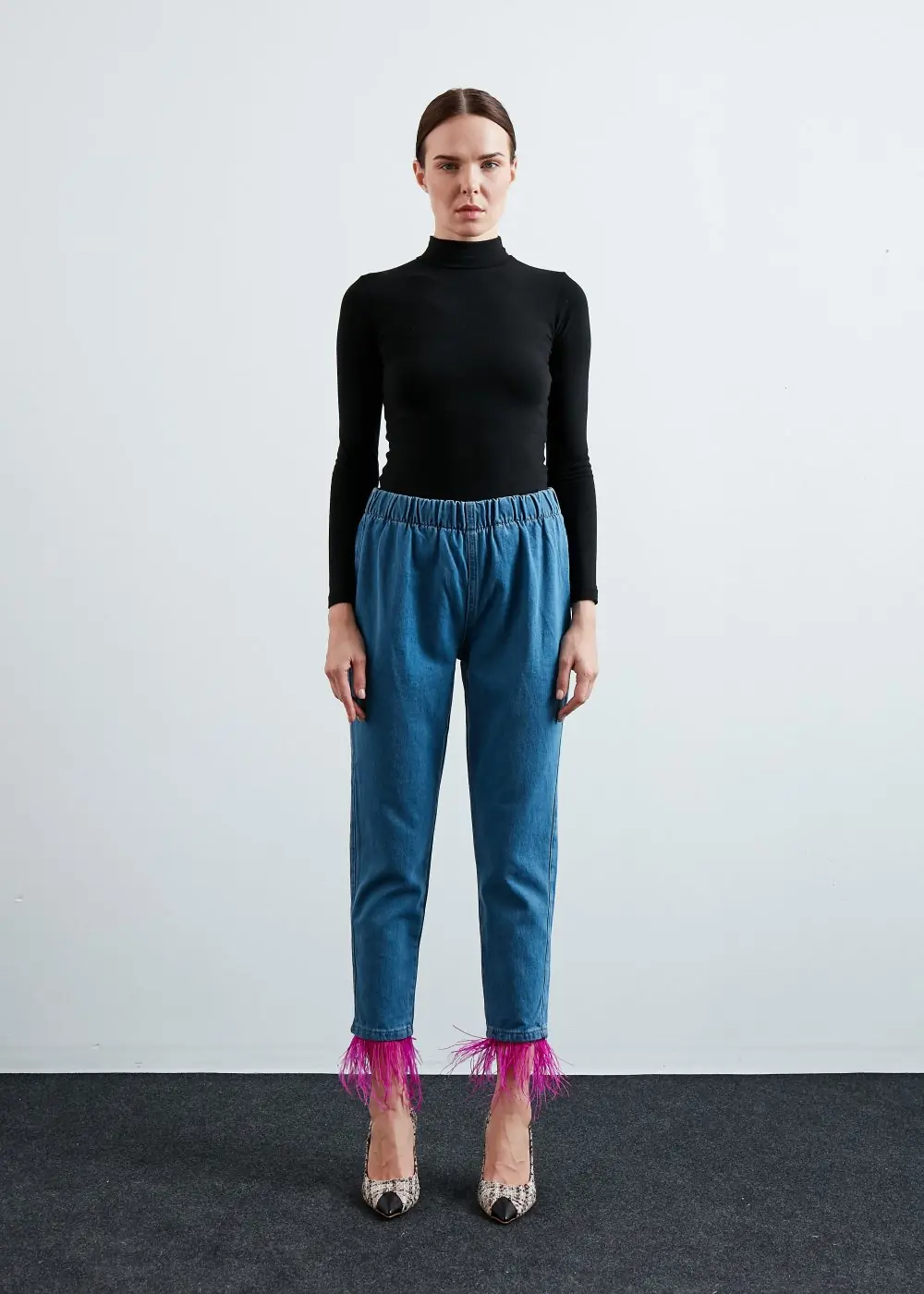 Paça Tüylü Denim-Mavi Pembe
