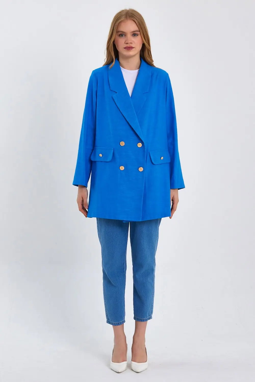 Keten Blazer Ceket-Saks Mavisi