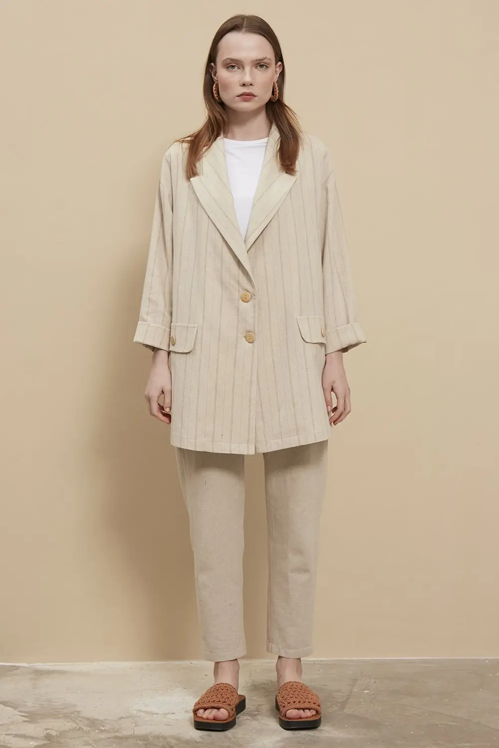 Çizgili Blazer -Bej