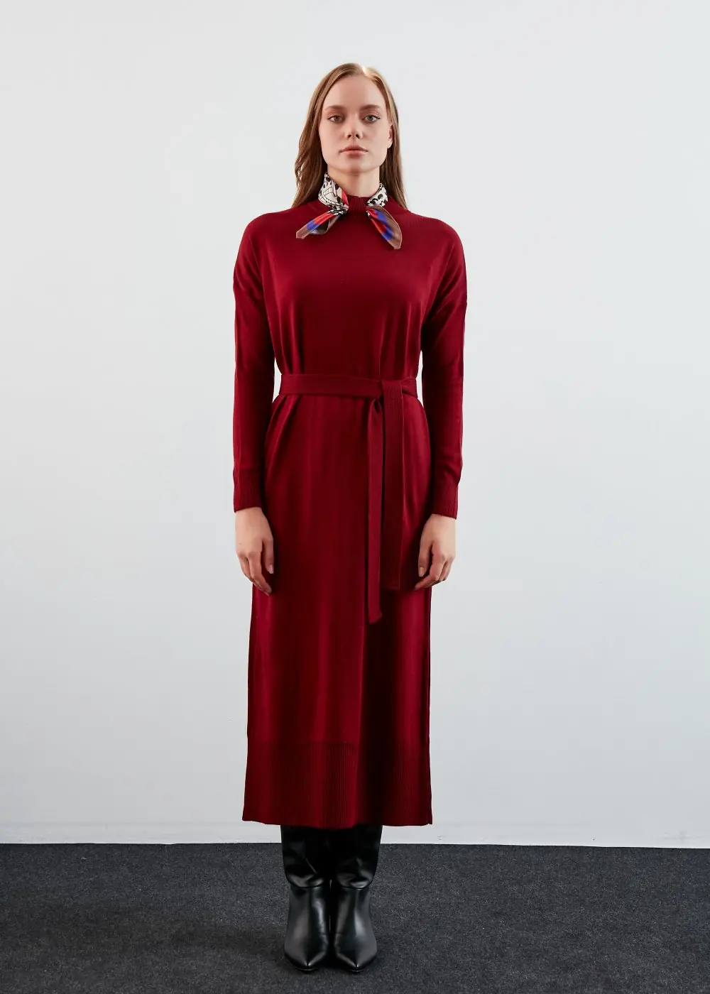 Fularlı Elbise-Bordo