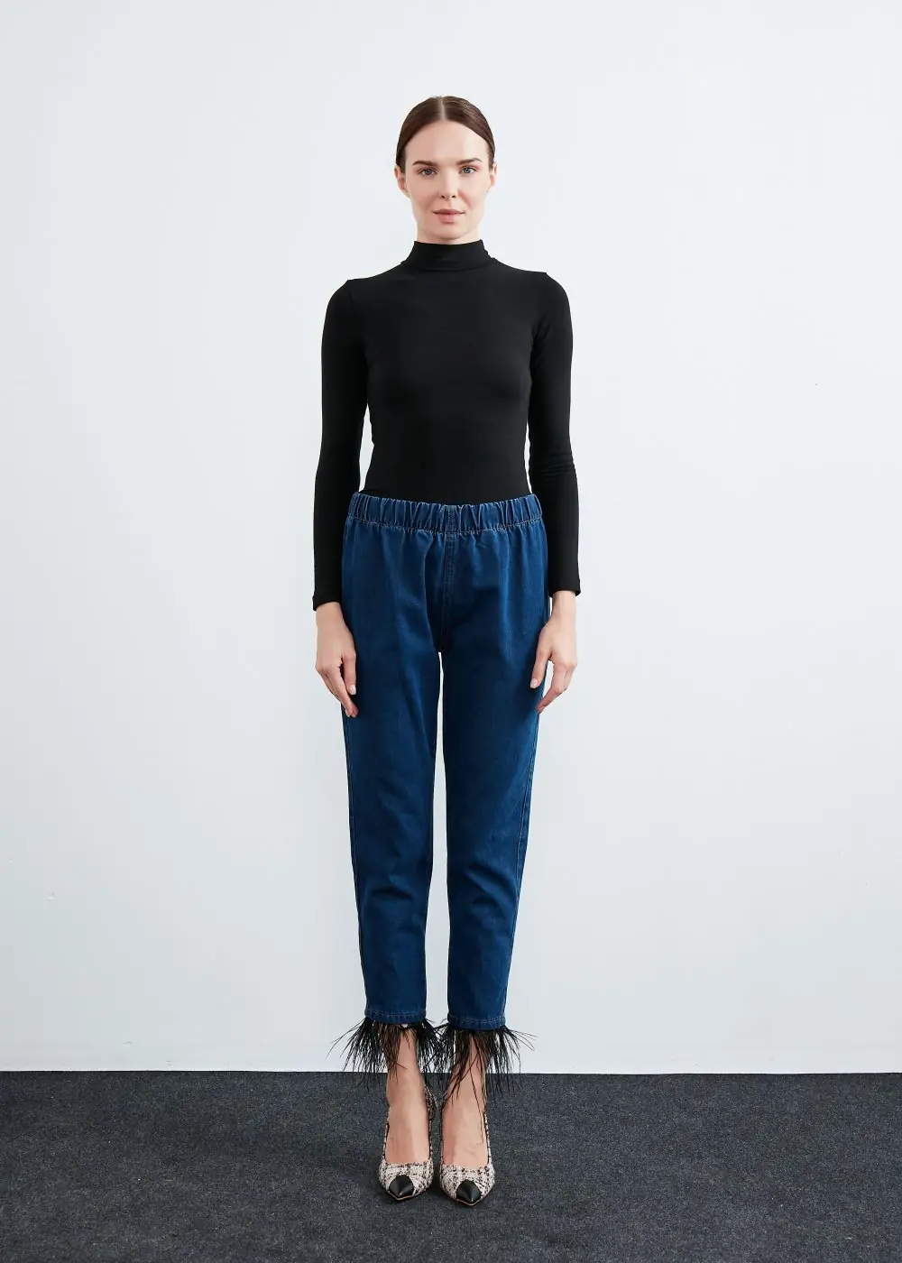 Paça Tüylü Denim-Lacivert Siyah