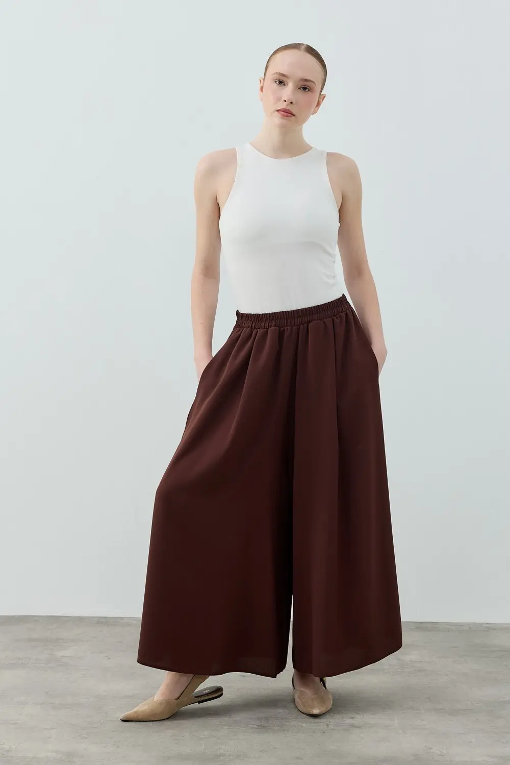 Comfy Krep Pantolon Etek-Kahverengi-MRW-1993