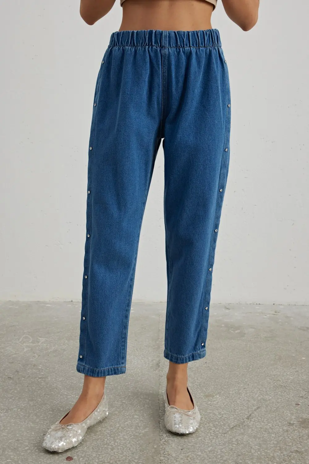 Yan Taş Detaylı Denim-Mavi