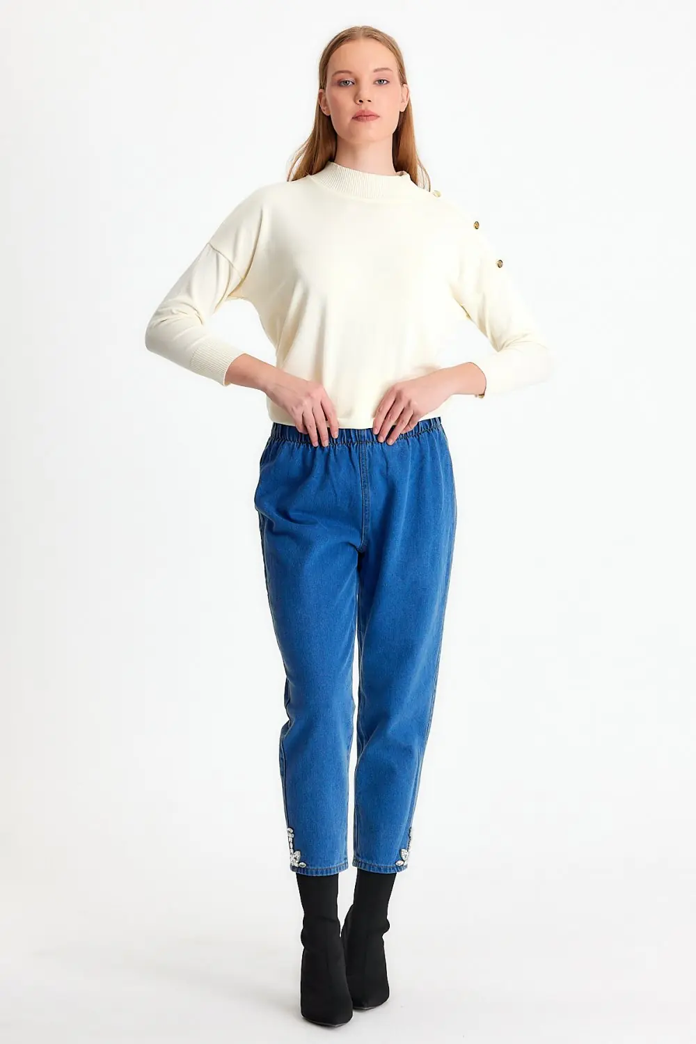 Taşlı Kot Denim-Mavi