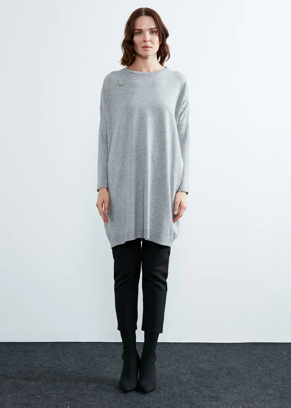 Simli Triko Tunik-Gri