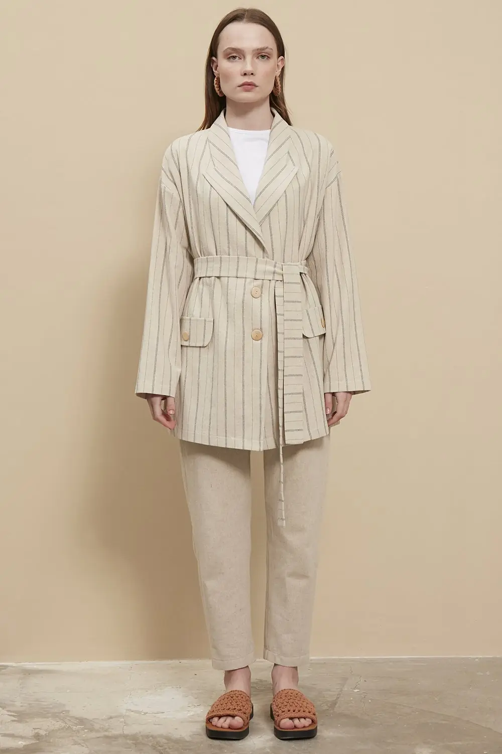 Çizgili Blazer -Gri
