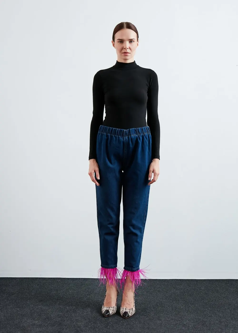 Paça Tüylü Denim-Lacivert Pembe