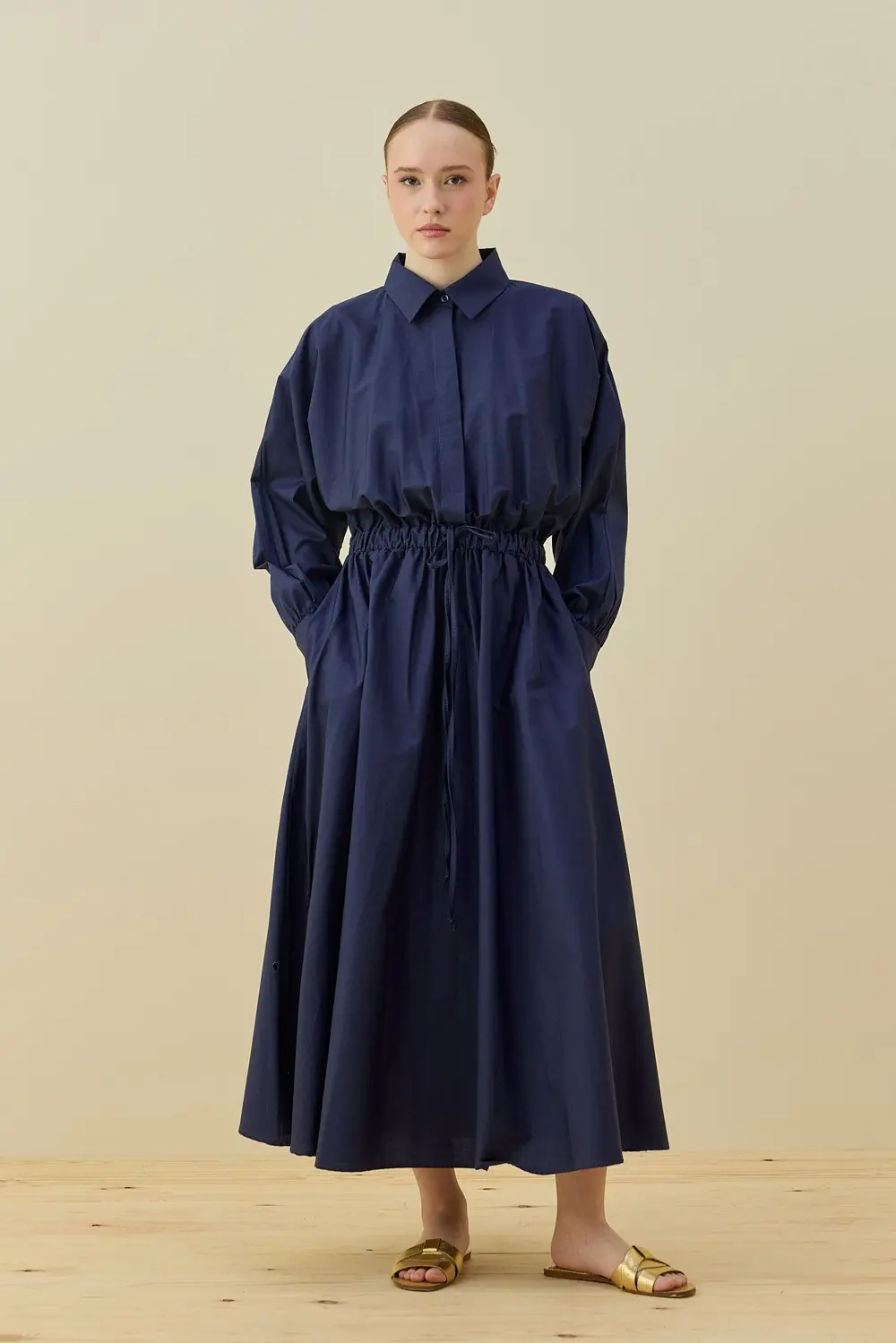 Basic Poplin Elbise-Lacivert-MRW-1638