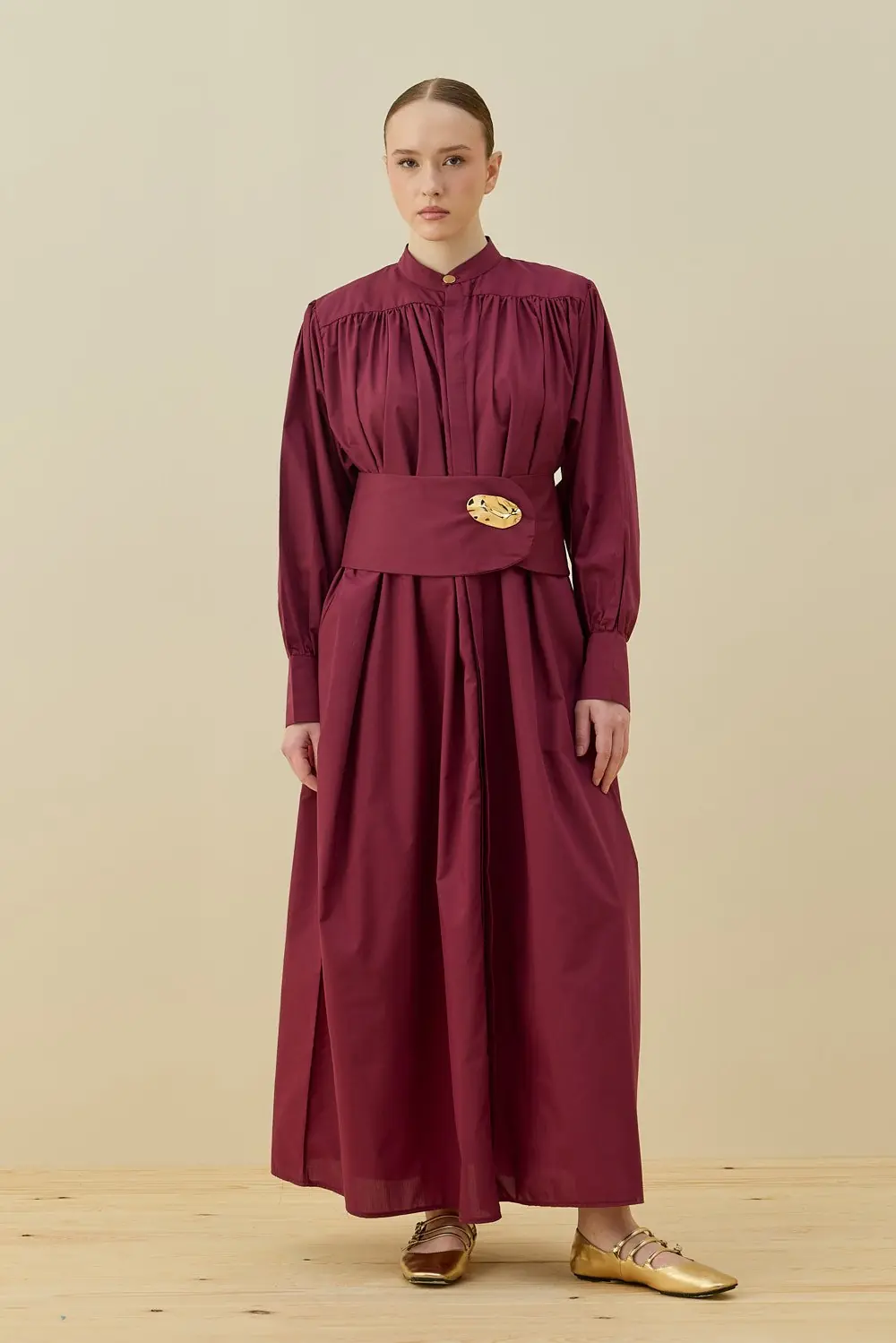 Şık Poplin Elbise-Bordo -MRW-1677