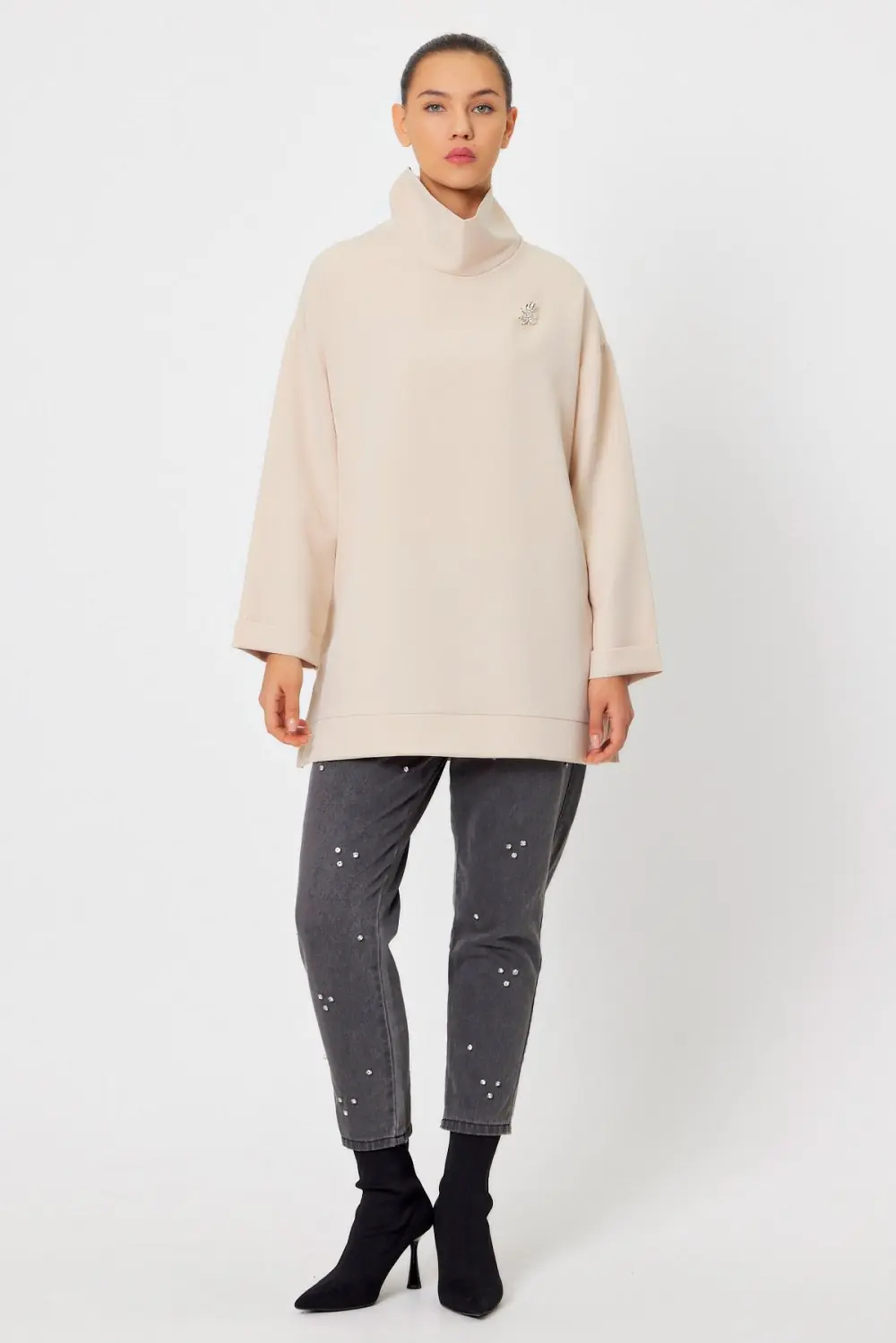 Yüksek Yaka Tunik-Bej